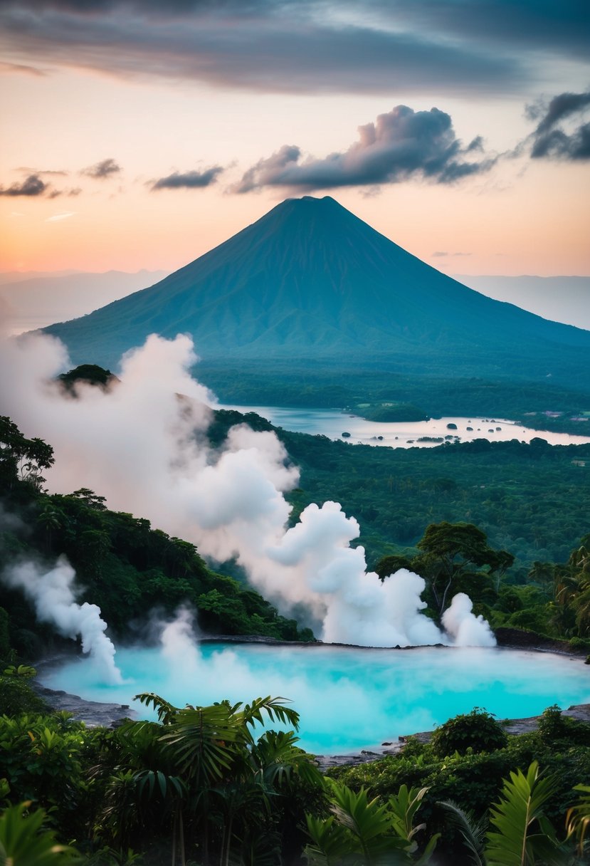 Arenal Volcano looms in the background as steam rises from natural hot springs nestled in lush Costa Rican rainforest