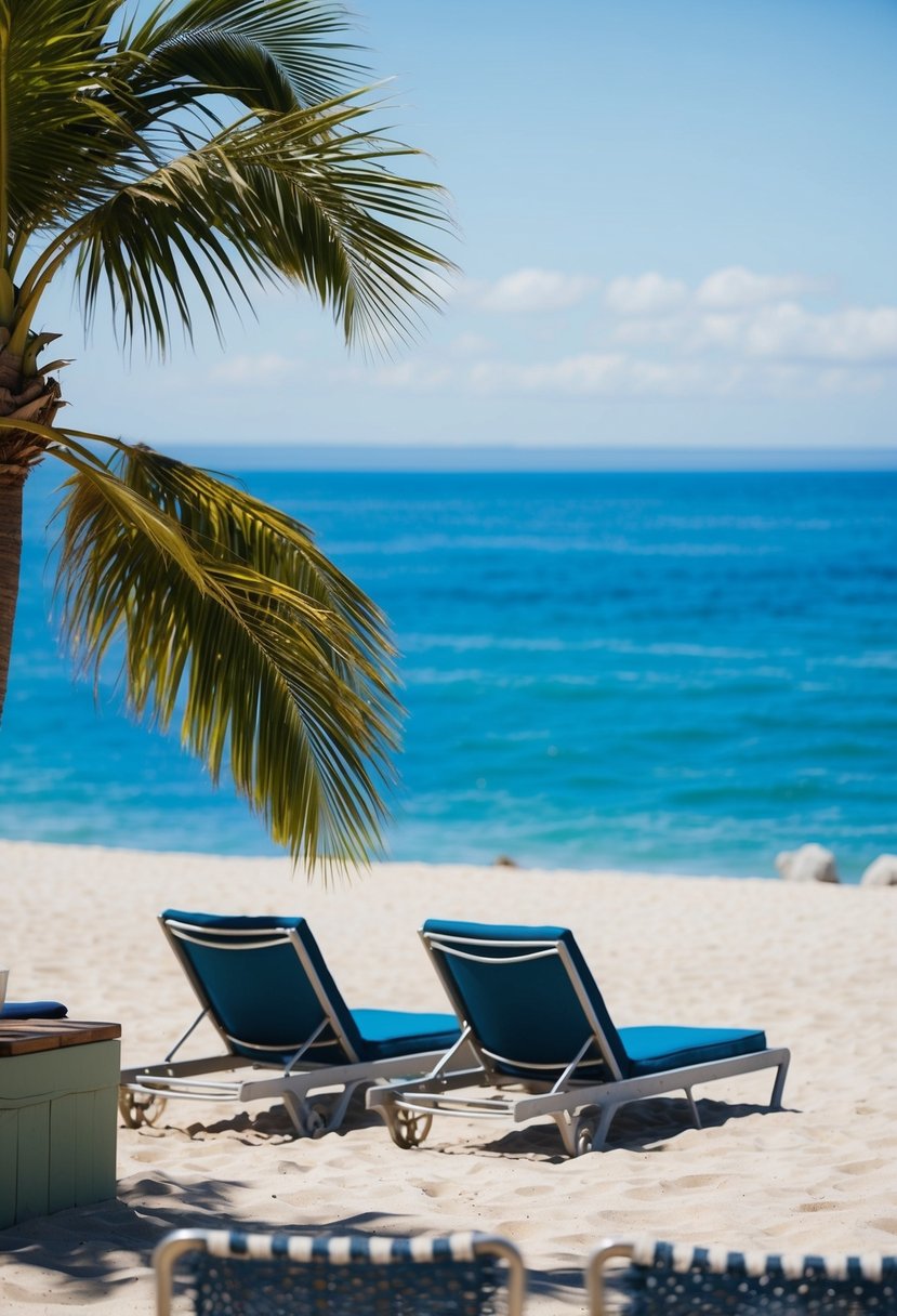 A serene beach at Catalina Island, with a couple of lounge chairs, a palm tree, and a clear blue ocean stretching to the horizon