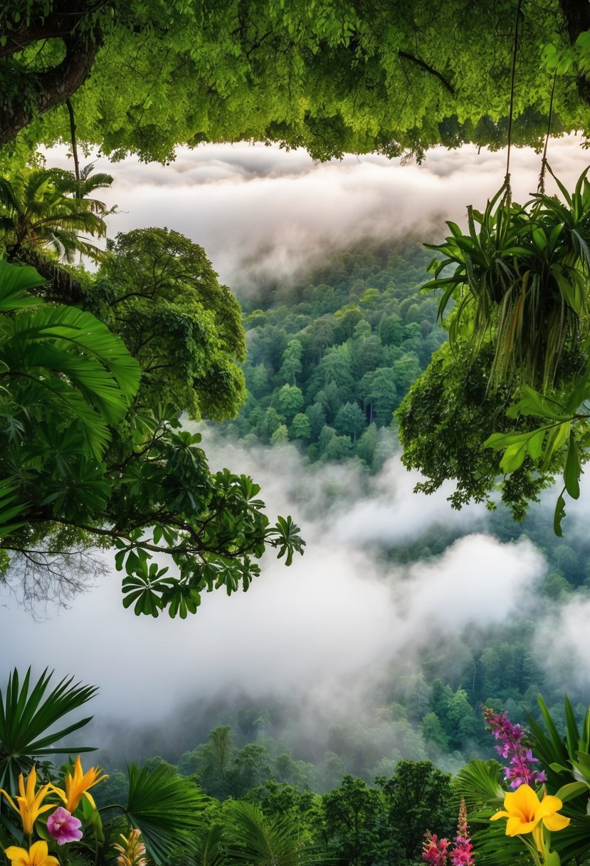 Lush green forest canopy with misty clouds, exotic flowers, and diverse wildlife