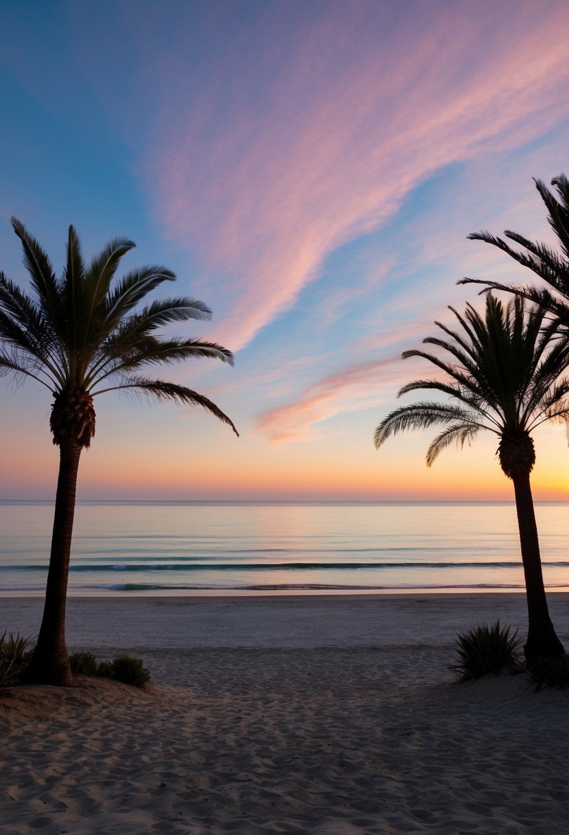 A serene beach at sunset, with palm trees and a calm ocean, set against a colorful sky in Laguna Beach, California