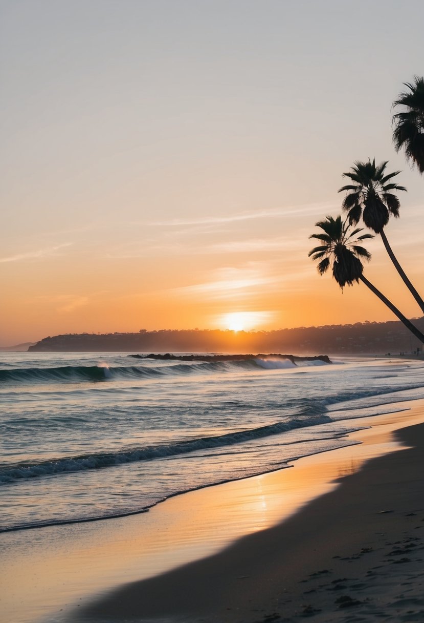 A serene sunset over Pismo Beach, with gentle waves lapping the shore and a couple of palm trees swaying in the breeze