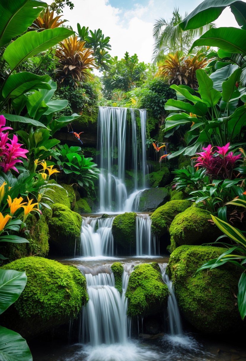 A lush tropical garden with waterfalls cascading over moss-covered rocks, surrounded by vibrant flowers and exotic wildlife