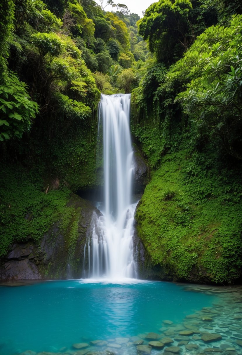 A serene waterfall cascades into a clear blue pool surrounded by lush greenery in Rio Celeste, Costa Rica