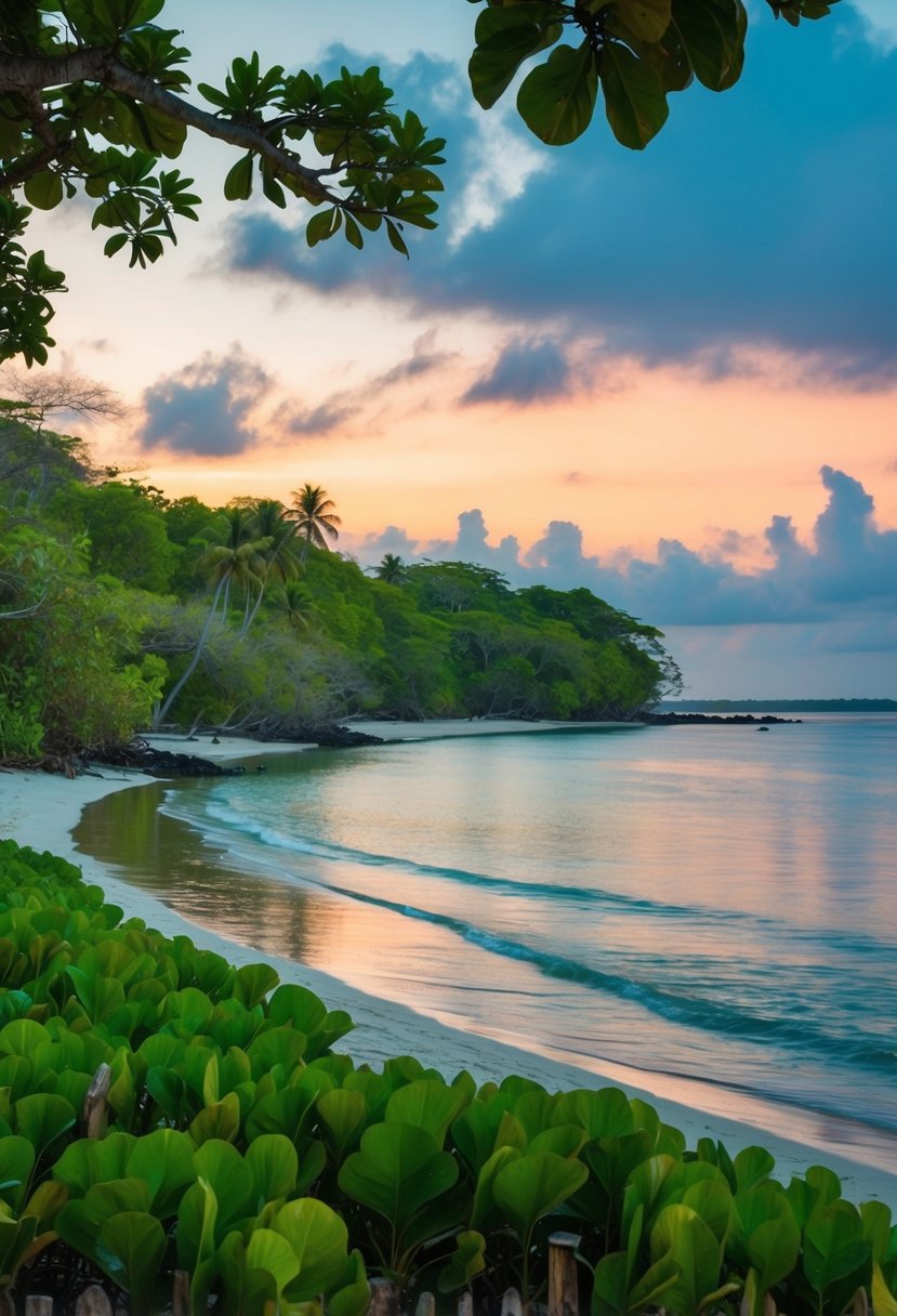 A serene beach at Tortuguero National Park, with lush greenery, calm waters, and a colorful sunset casting a warm glow over the landscape