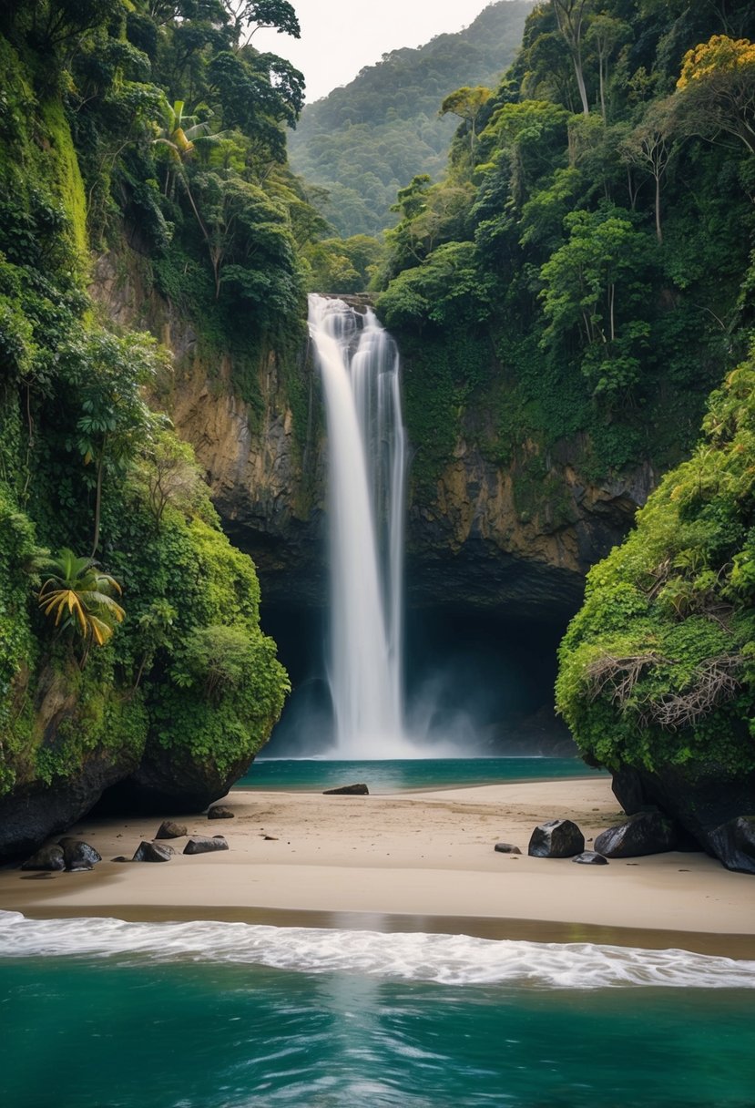 Lush rainforest with waterfalls, exotic wildlife, and a secluded beach at Corcovado National Park in Costa Rica