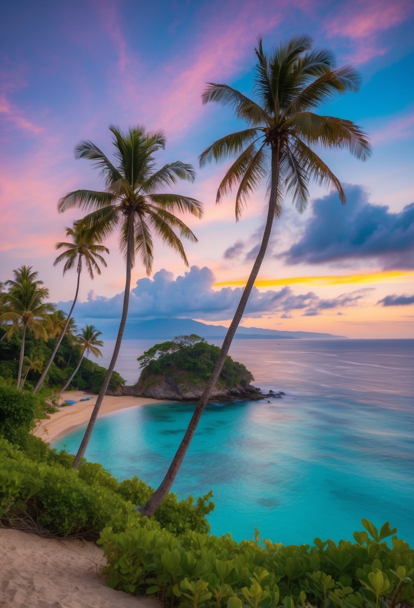 A serene beach cove with palm trees, crystal-clear waters, and a colorful sunset over the Nicoya Peninsula in Costa Rica