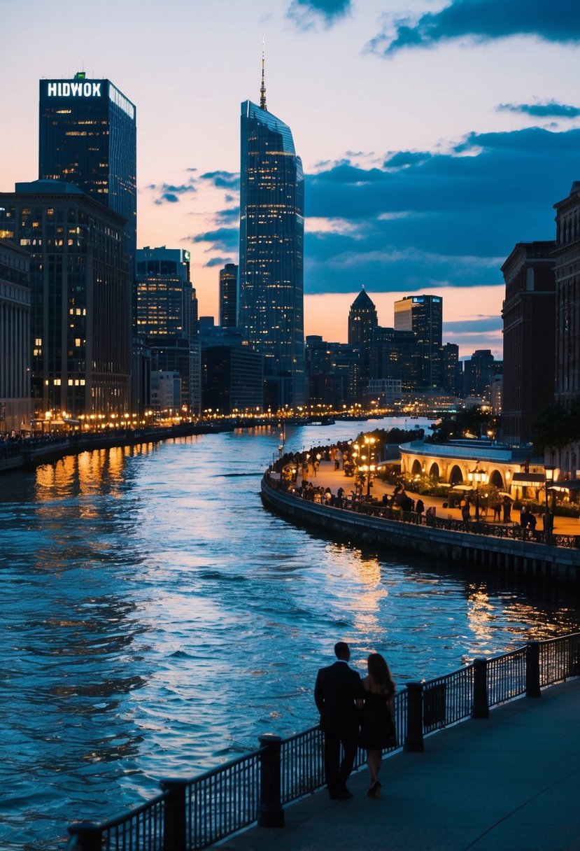 A bustling cityscape at dusk, with twinkling lights reflecting off the river and couples strolling along the waterfront