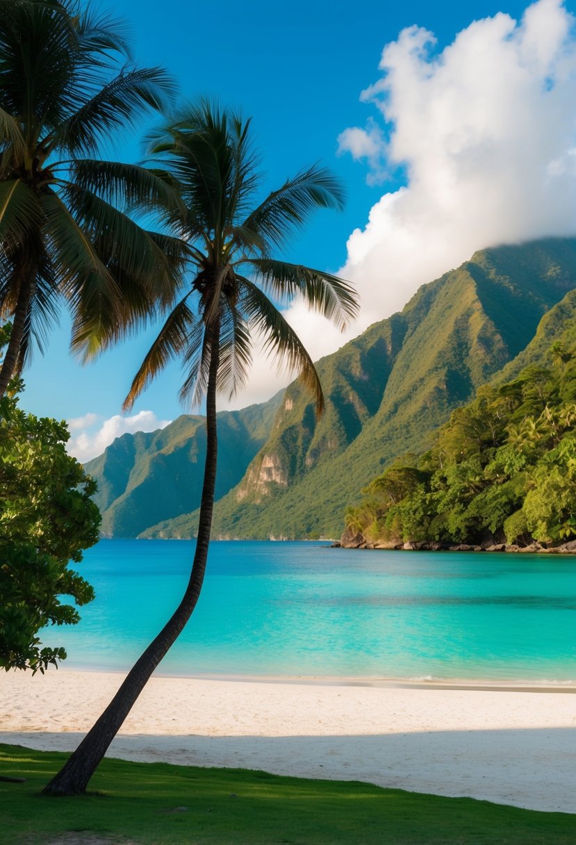 A serene beach with turquoise waters and palm trees, nestled between lush green mountains in Central America