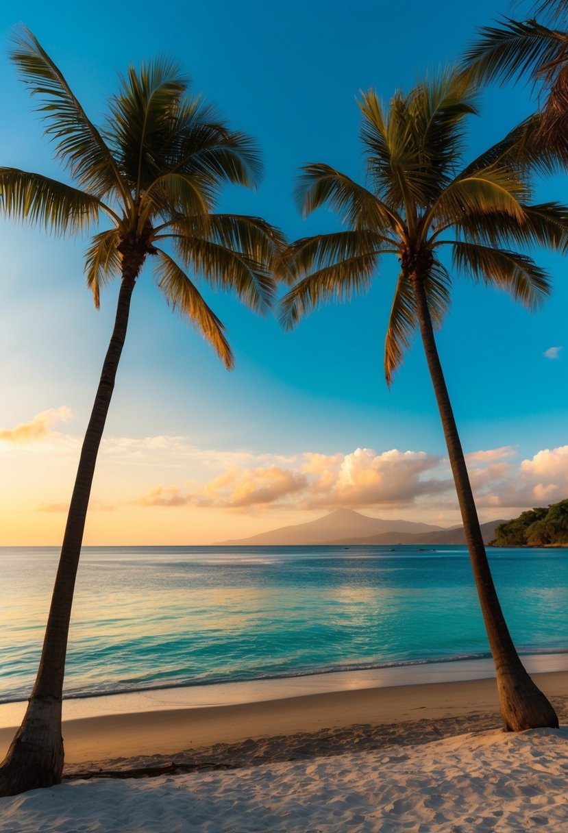 A serene beach in Tamarindo, Costa Rica, with palm trees, turquoise waters, and a golden sunset