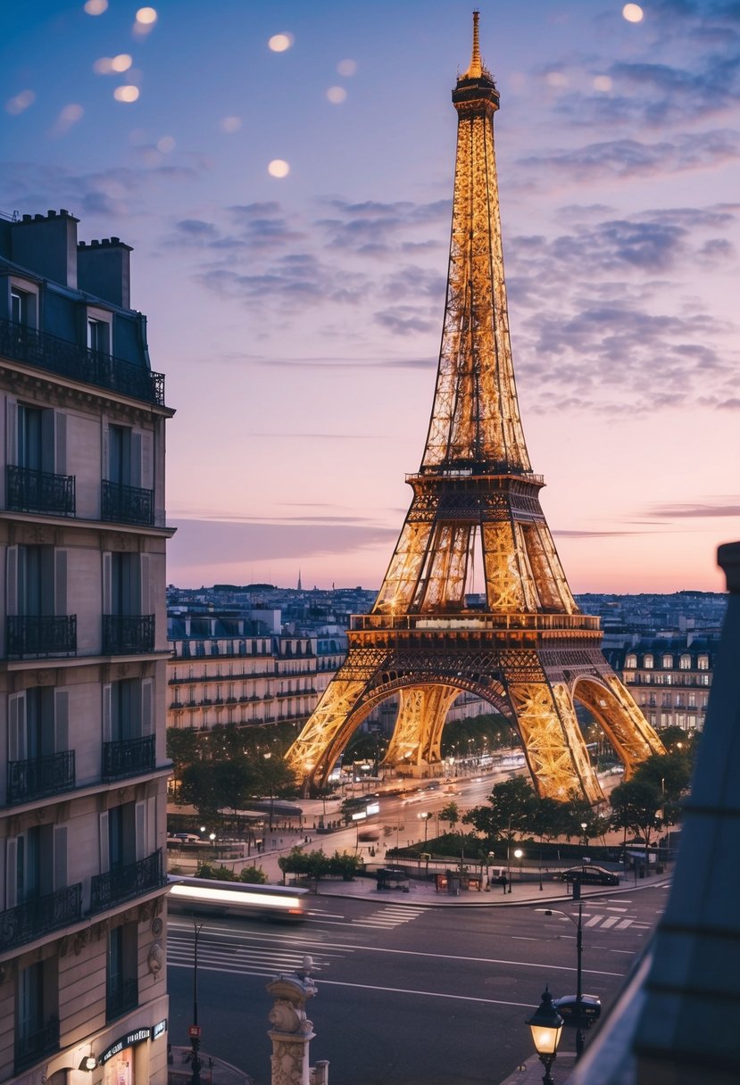 A romantic view of the Eiffel Tower at dusk, with a charming Parisian street scene in the background