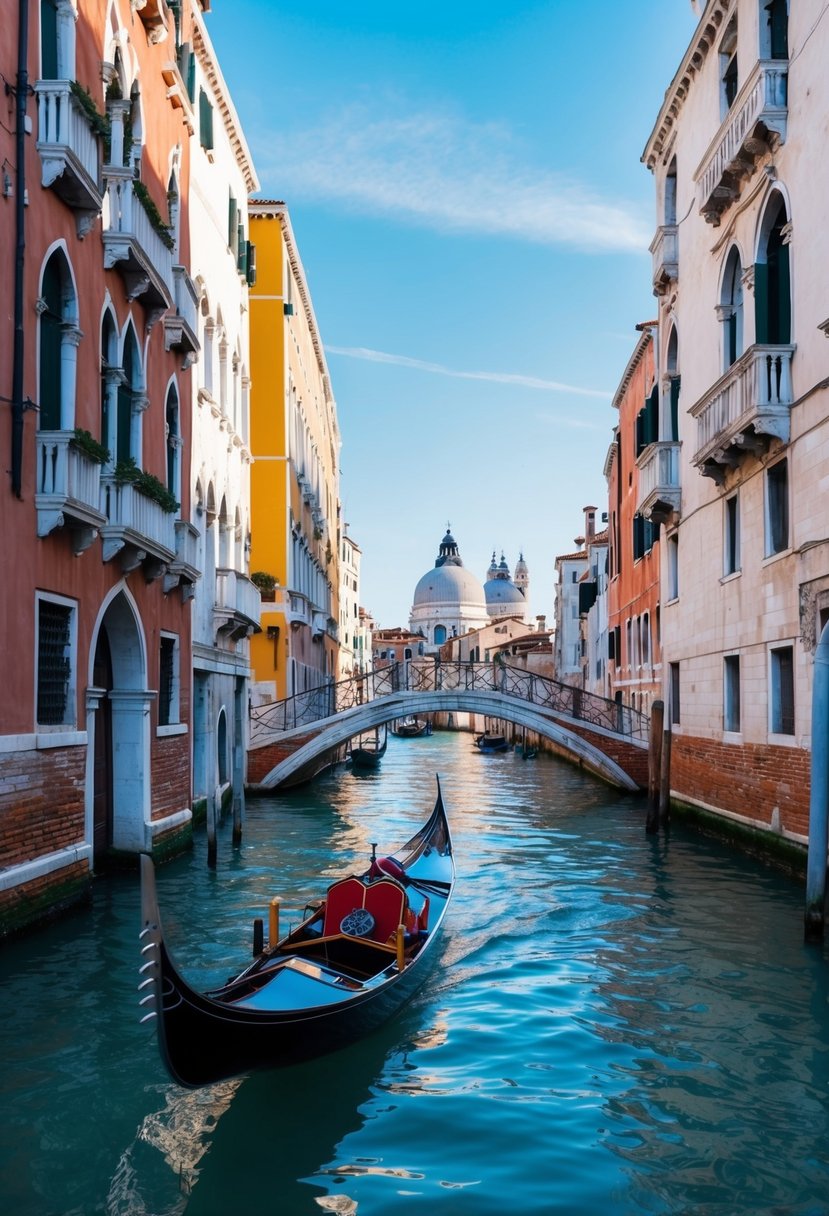 A gondola glides through the narrow canals of Venice, passing colorful buildings and ornate bridges under a clear blue sky