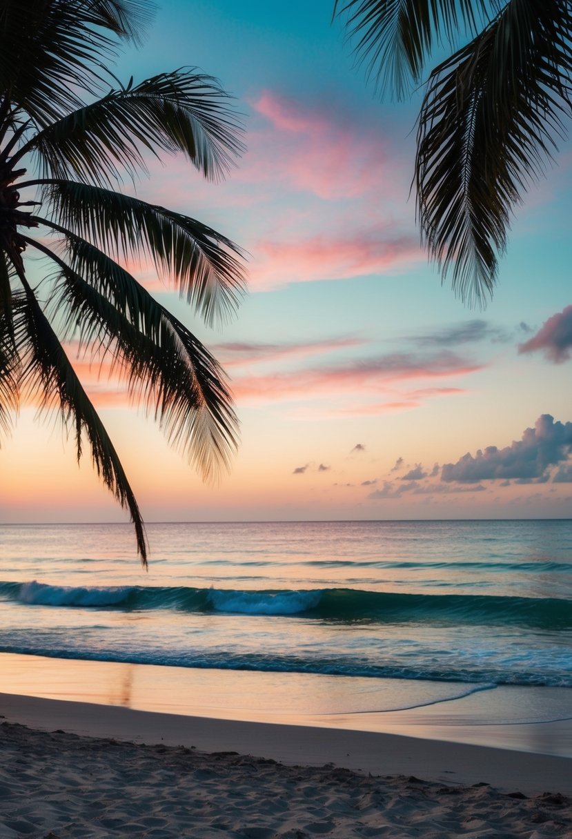 A tranquil, palm-fringed beach at sunset, with gentle waves lapping the shore and a colorful sky overhead