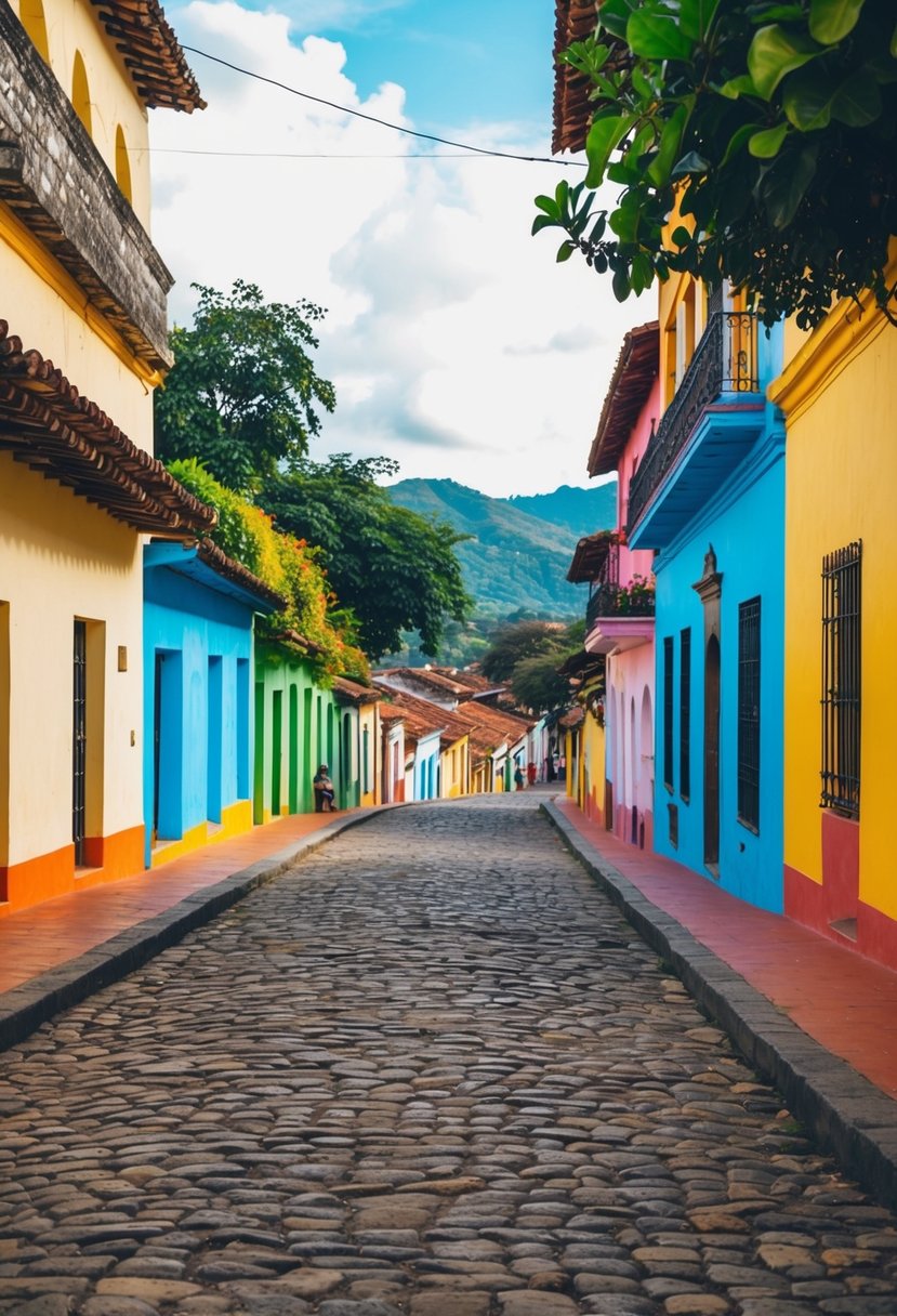 A colorful colonial street in Antigua, Guatemala, with cobblestone roads, vibrant buildings, and lush greenery