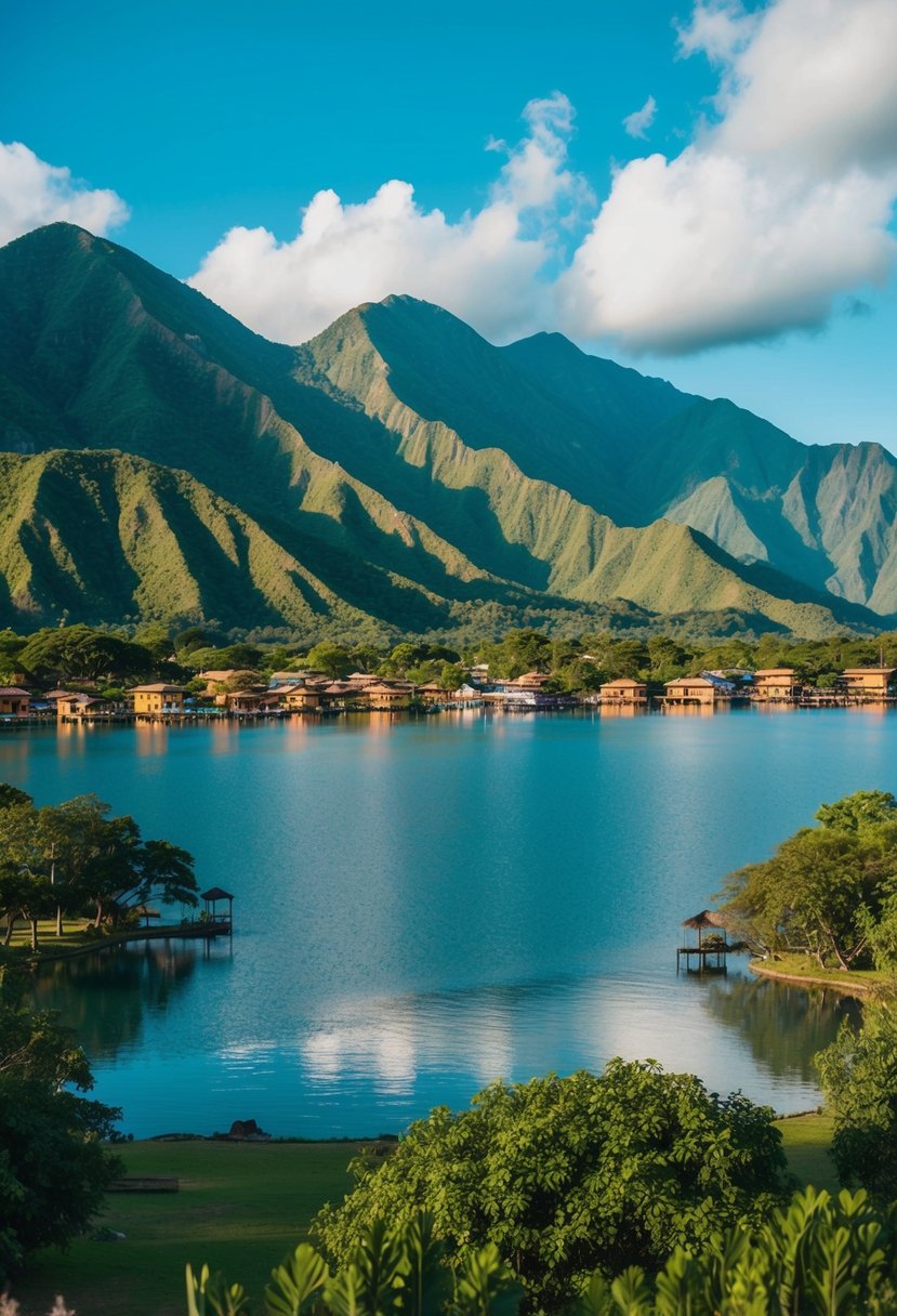A tranquil lake surrounded by lush green mountains and colorful Mayan villages, with a clear blue sky overhead