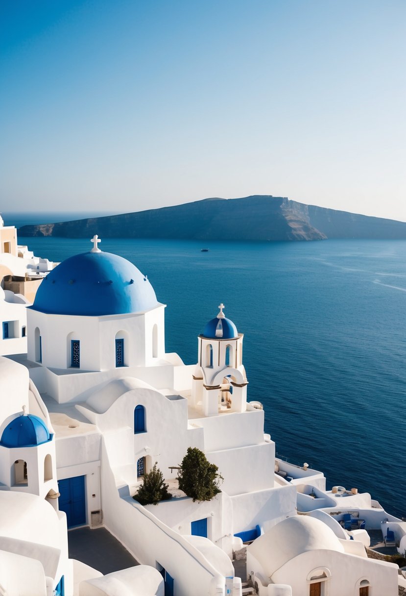 The iconic blue-domed churches and white-washed buildings of Santorini overlook the sparkling Aegean Sea, creating a picturesque cityscape for a romantic honeymoon destination