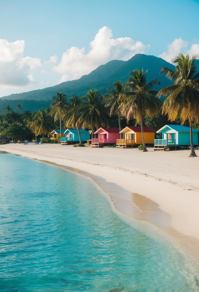 A serene beach with crystal-clear waters, palm trees, and colorful bungalows nestled along the coastline in Bocas del Toro, Panama