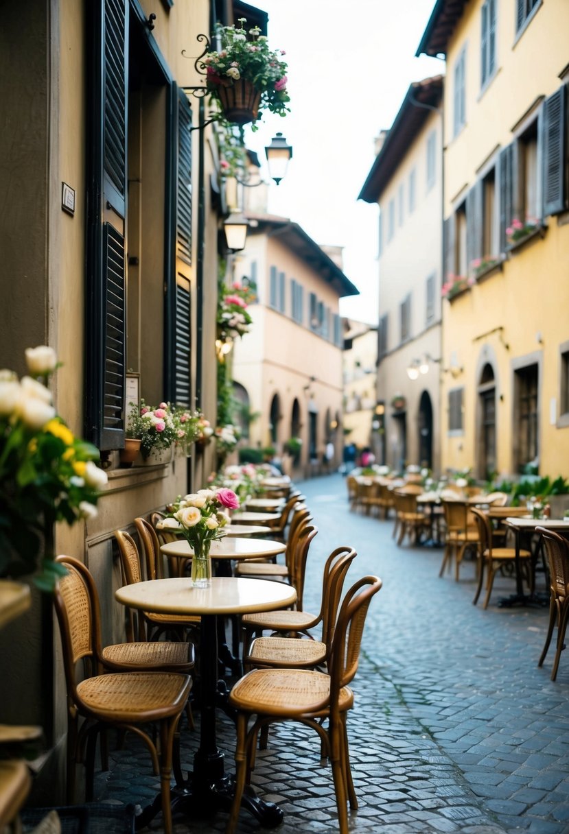 A cozy cafe nestled in the heart of Florence, with cobblestone streets and charming architecture. Tables are adorned with fresh flowers, and the scent of espresso fills the air