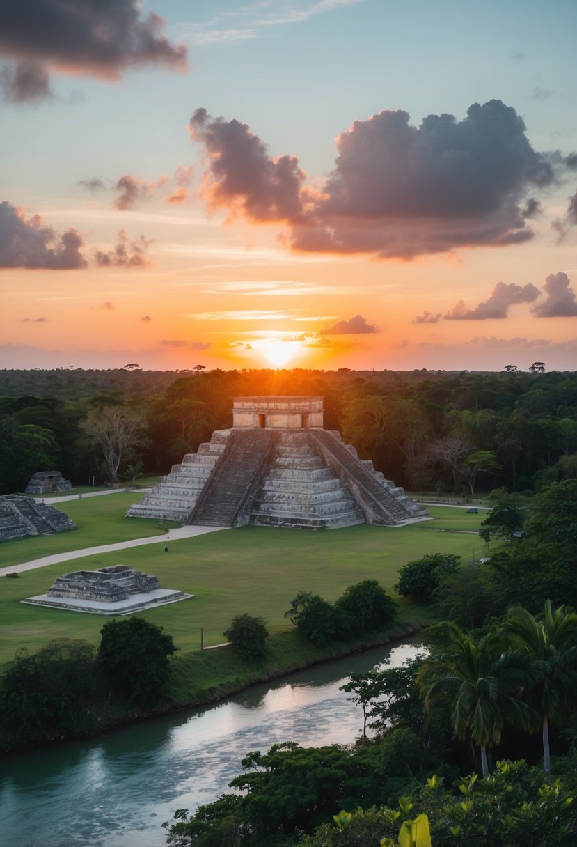 A serene sunset over the ancient Mayan ruins of San Ignacio, Belize, with lush jungle in the background and a tranquil river flowing nearby
