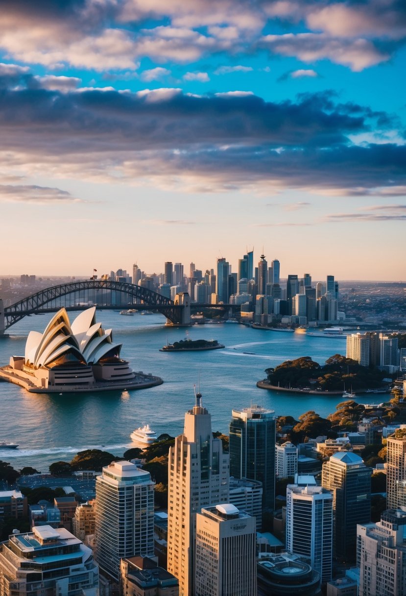 A panoramic view of Sydney's iconic skyline, with the Sydney Opera House and Harbour Bridge in the background, and the bustling city below
