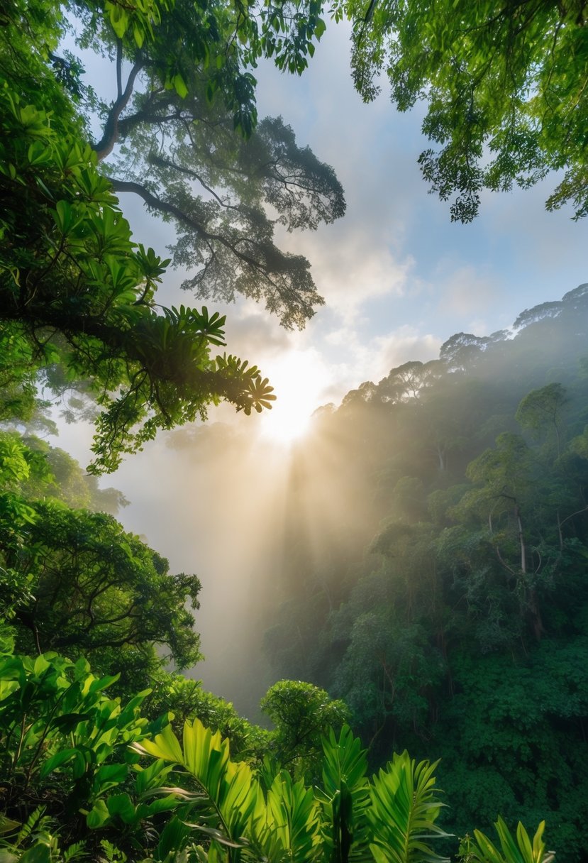 Sunlight filters through lush green canopy in Monteverde Cloud Forest. Exotic flora and fauna thrive in the misty, tranquil atmosphere