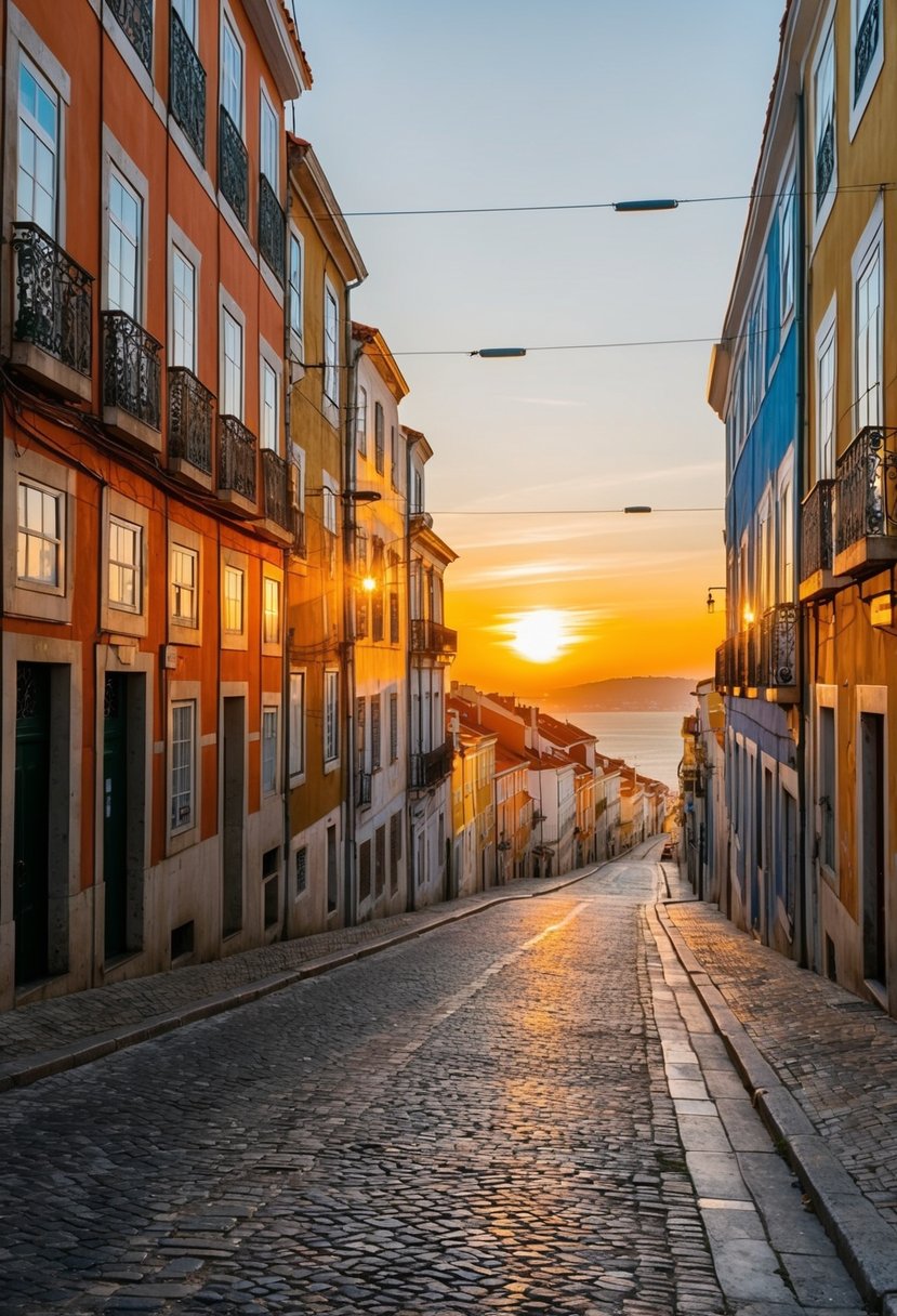 The sun sets over the historic streets of Lisbon, casting a warm glow on the colorful buildings and cobblestone roads