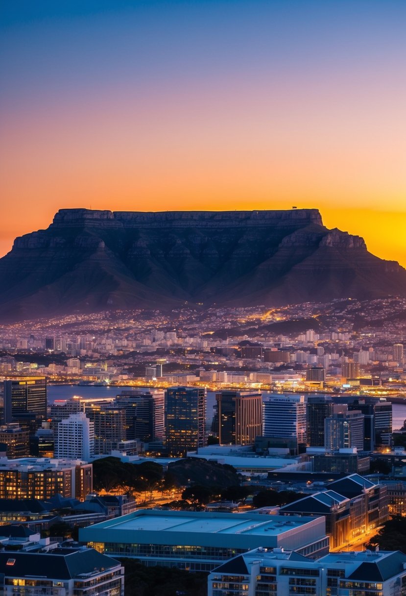 The sun sets over the iconic Table Mountain, casting a warm glow over the vibrant cityscape of Cape Town, South Africa