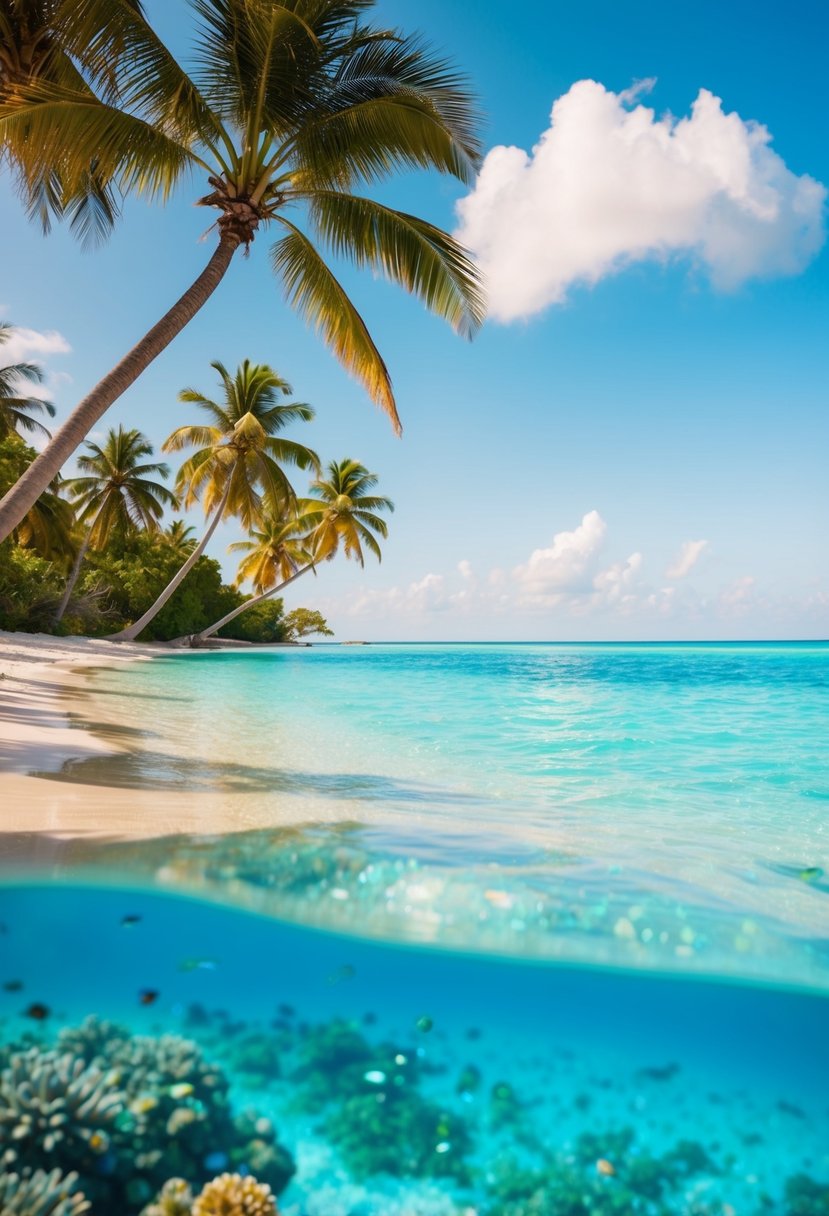 A serene beach with crystal-clear turquoise waters, palm trees swaying in the gentle breeze, and a colorful coral reef visible just beneath the surface
