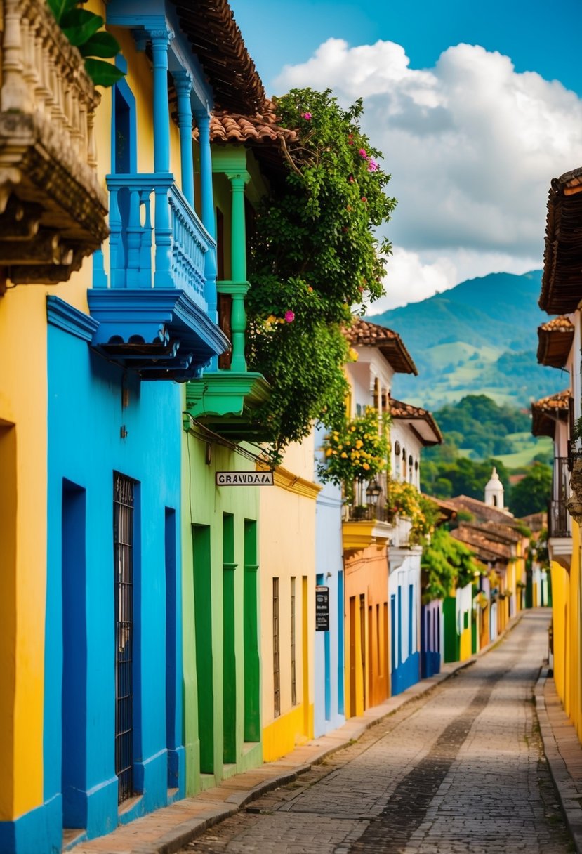 A colorful colonial street in Granada, Nicaragua, with vibrant buildings and lush greenery, creating a romantic atmosphere for honeymooners in Central America