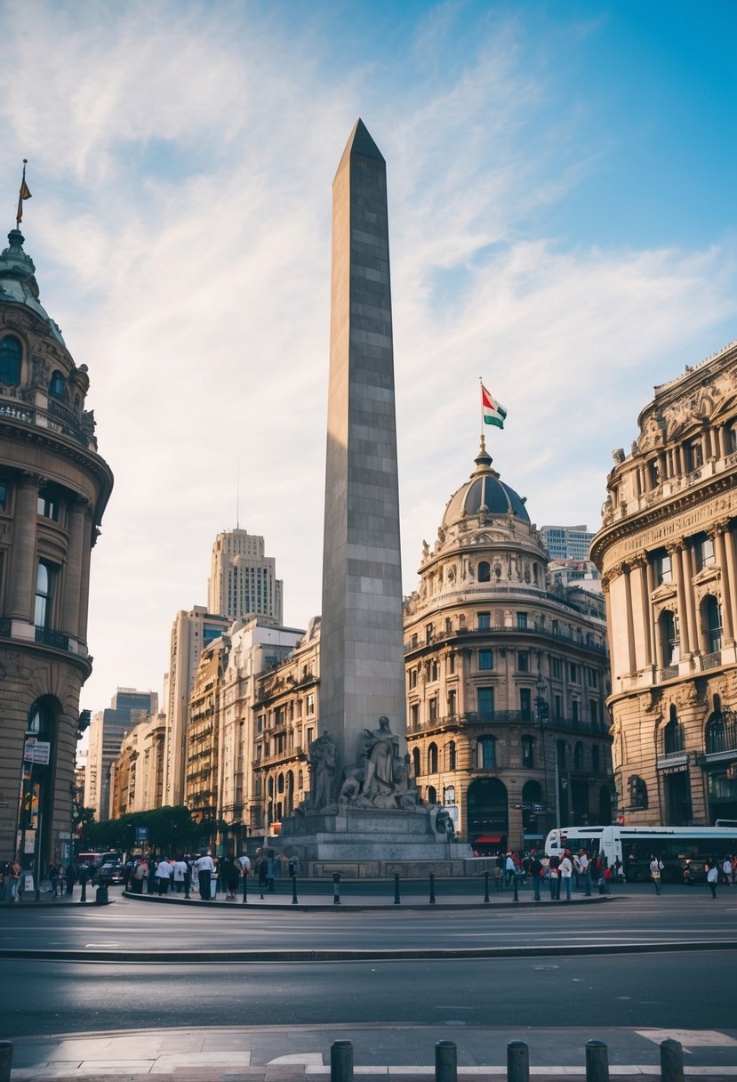 The iconic Obelisco monument stands tall in the bustling city center of Buenos Aires, surrounded by historic architecture and vibrant street life