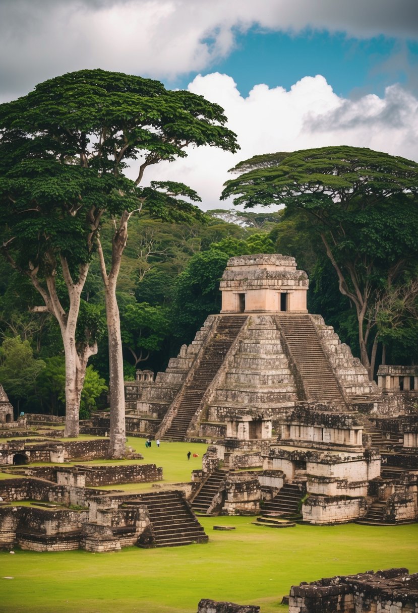 The ancient ruins of Copán, Honduras, surrounded by lush greenery and towering trees, with intricate carvings and stone structures