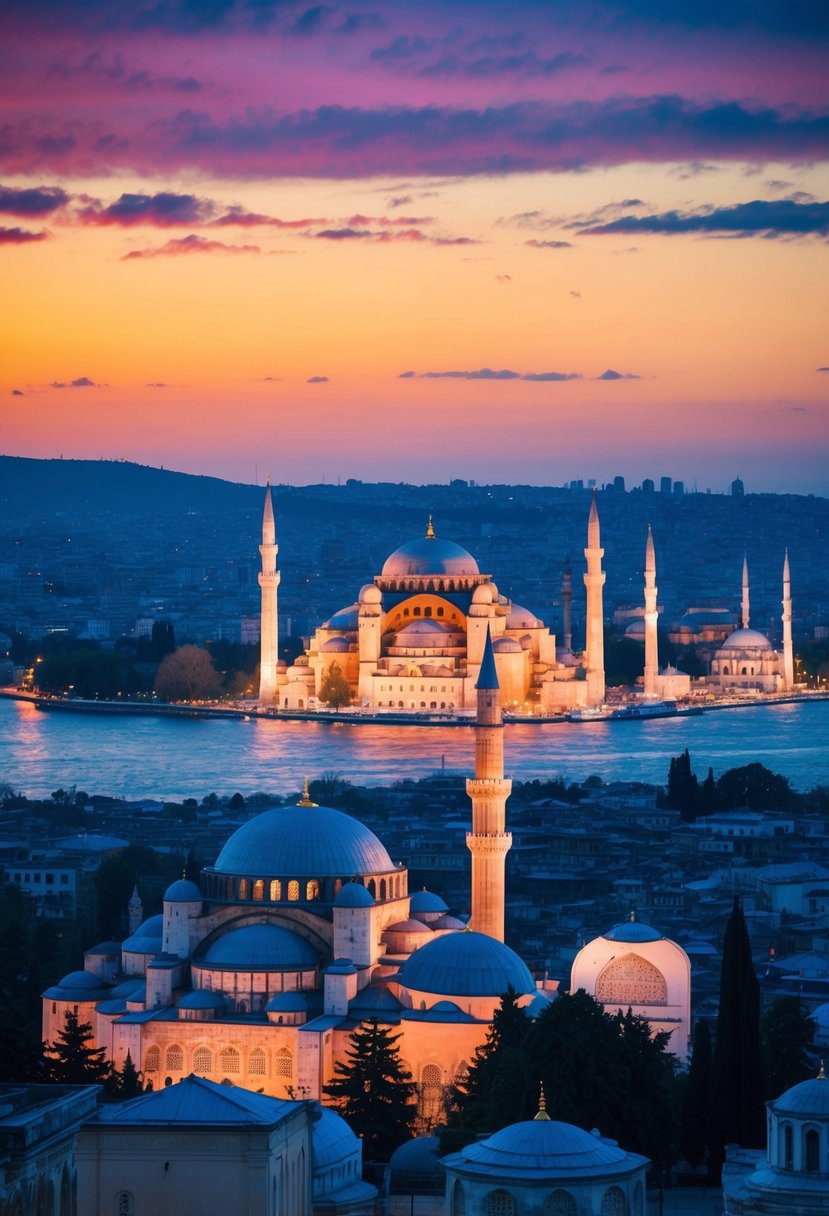 A panoramic view of Istanbul's skyline at sunset, with iconic landmarks such as the Hagia Sophia and Blue Mosque illuminated against the colorful sky