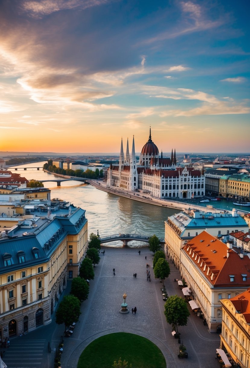 A picturesque view of Vienna's historic city center with its ornate architecture, cobblestone streets, and charming cafes nestled along the Danube River