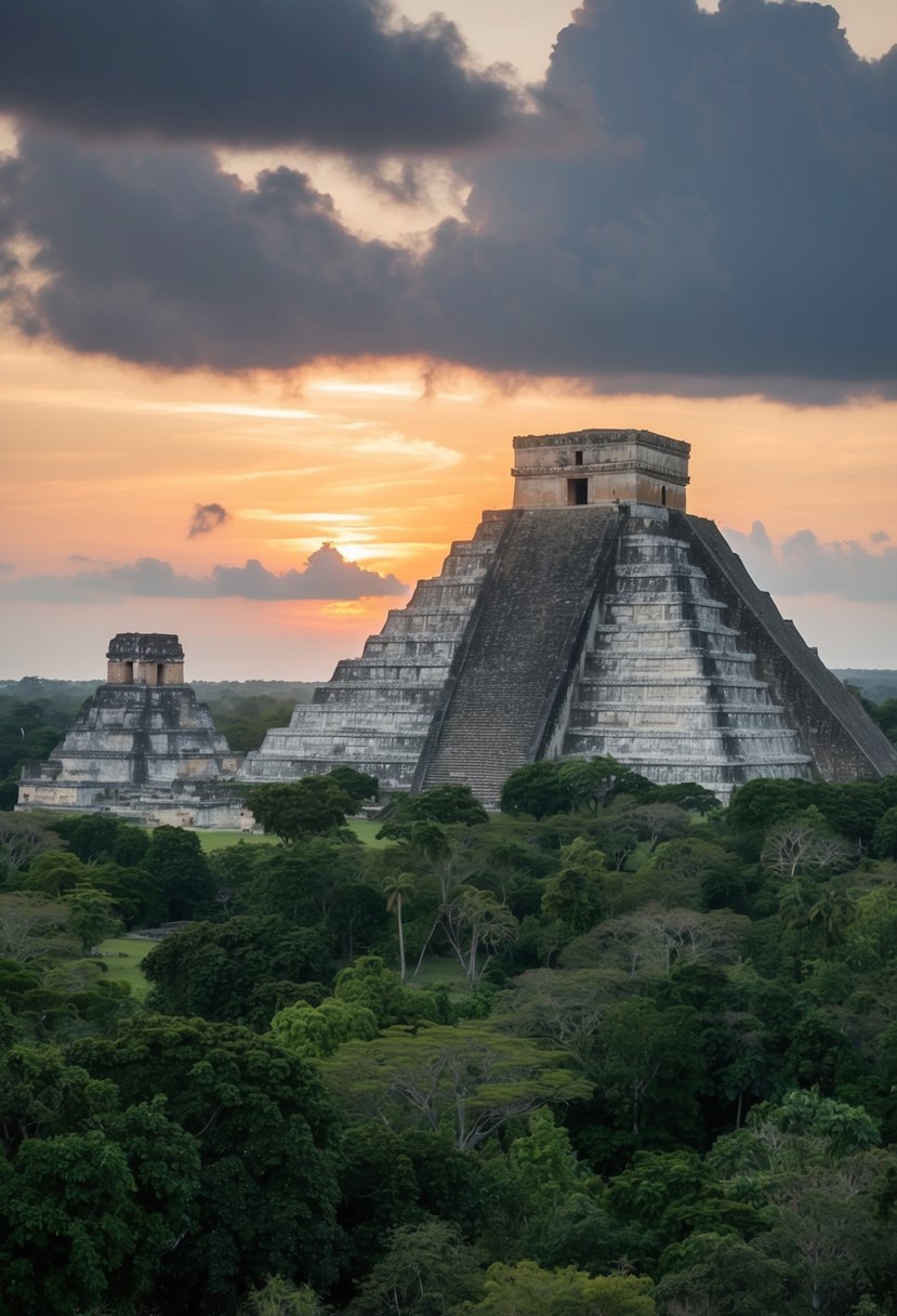 Ancient Mayan ruins rise from lush jungle in Tikal, Guatemala. Sunrise illuminates the towering pyramids and temples, creating a serene and awe-inspiring honeymoon destination in Central America