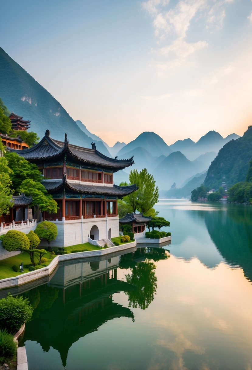 A serene lake nestled in the mountains with traditional Chinese architecture and lush greenery, creating a picturesque honeymoon destination in China