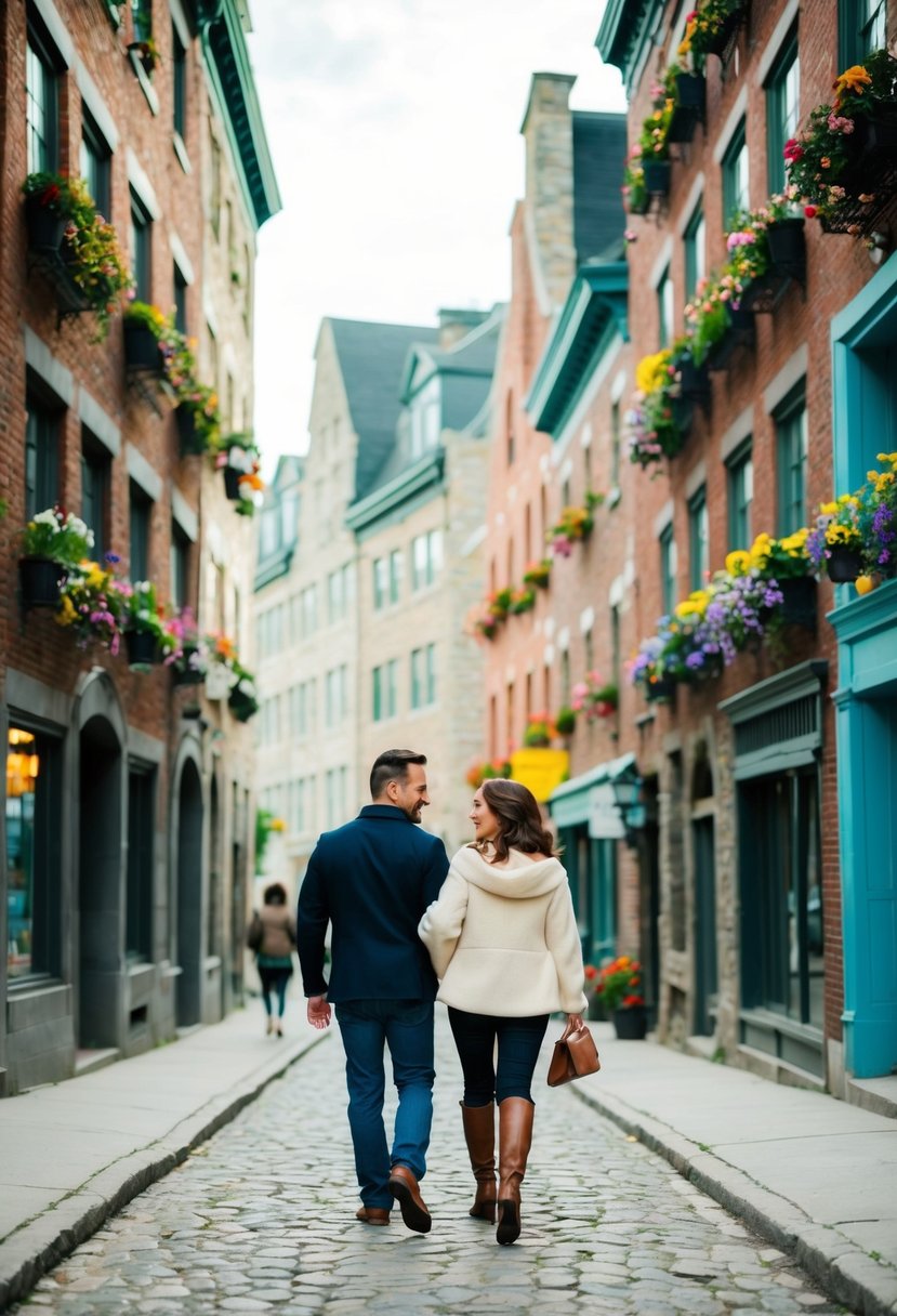 A couple strolling through the cobblestone streets of Old Quebec, surrounded by charming historic buildings and colorful flower-filled window boxes