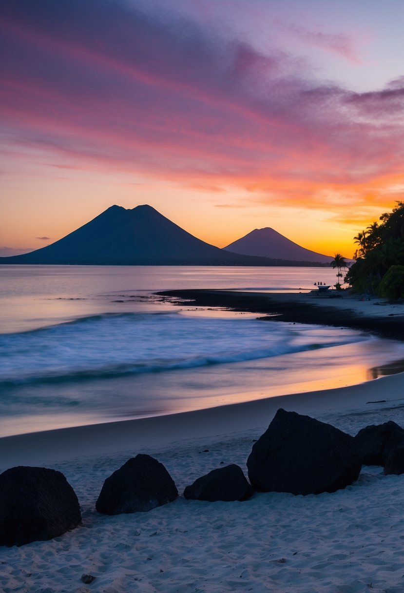 A serene beach on Isla de Ometepe, with two volcanoes in the background and a colorful sunset casting a warm glow over the landscape