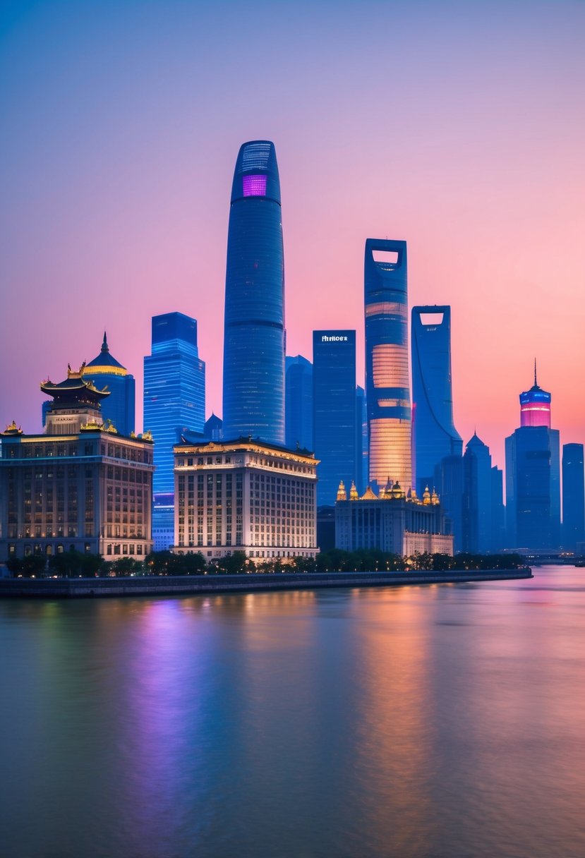 The iconic skyline of Shanghai's Bund at dusk, with historic buildings and modern skyscrapers illuminated by colorful lights