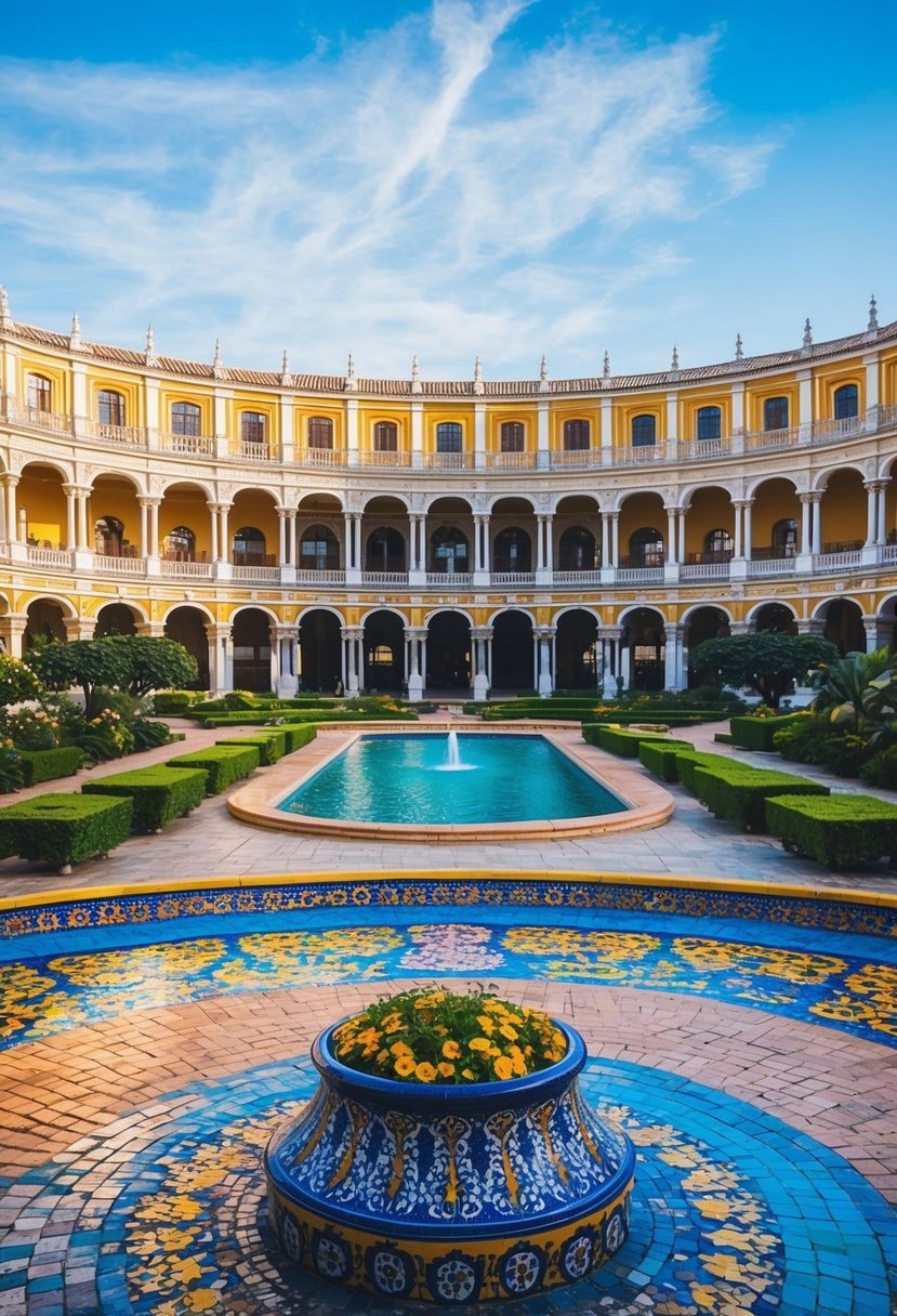 The iconic Plaza de España in Seville, with its grand semi-circular building and colorful ceramic tiles, set against the backdrop of lush gardens and a serene canal