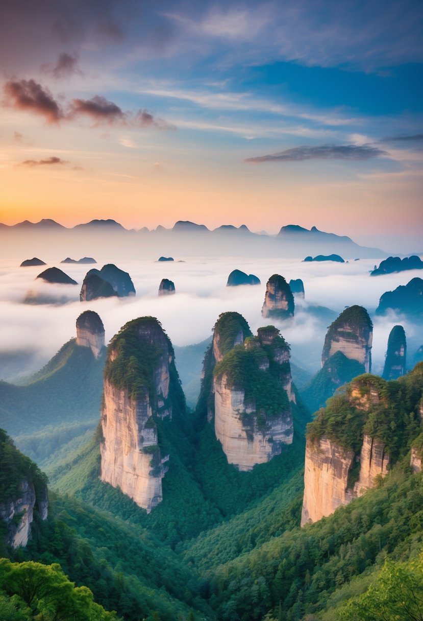 Lush green mountains and towering sandstone pillars in Zhangjiajie National Forest Park, with misty clouds creating a romantic and enchanting atmosphere