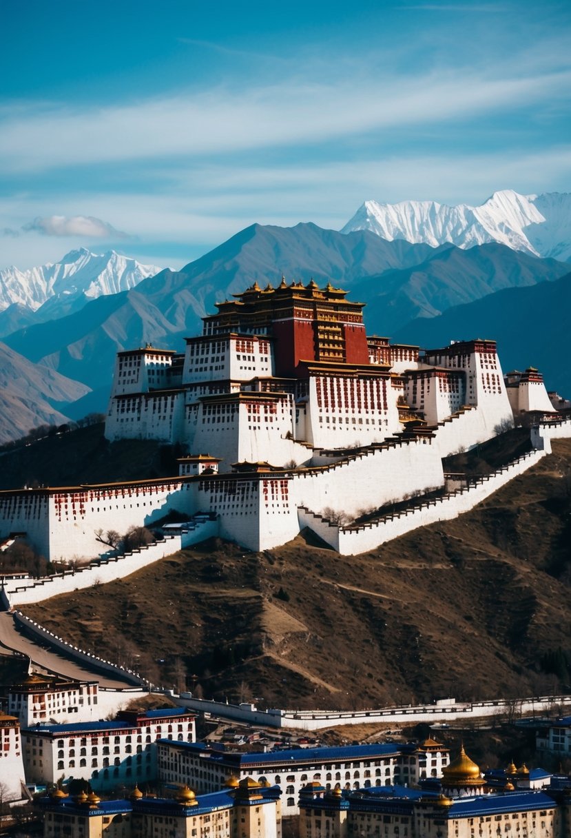 The grand Potala Palace rises above the city of Lhasa, surrounded by majestic mountains and a clear blue sky