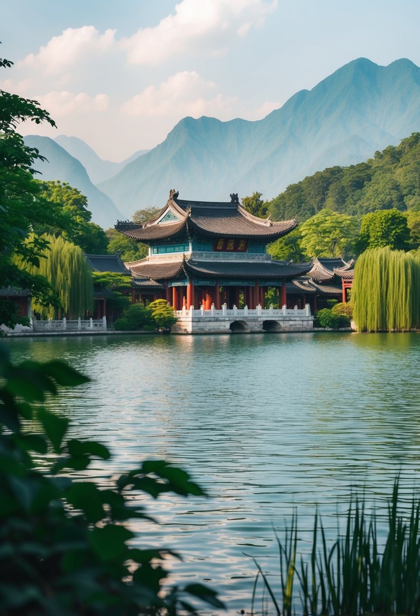 A serene lake surrounded by lush greenery and traditional Chinese architecture, with mountains in the distance