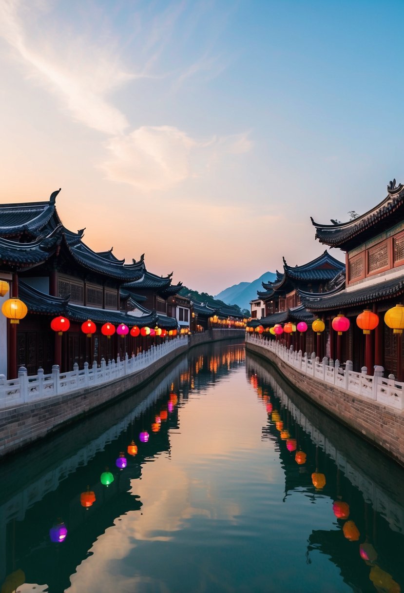 A serene canal winds through Lijiang Ancient Town, lined with traditional Chinese architecture and colorful lanterns
