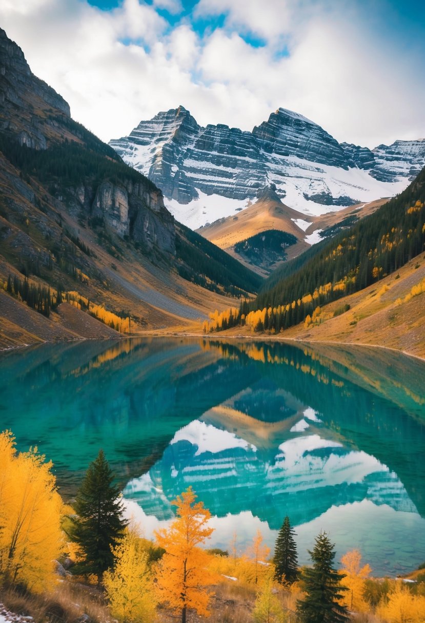 A serene valley with crystal-clear lakes, colorful foliage, and snow-capped mountains in the background
