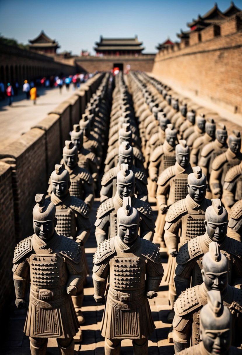 Rows of terracotta soldiers in formation, with intricate armor and weapons, surrounded by ancient architecture in Xi'an, China