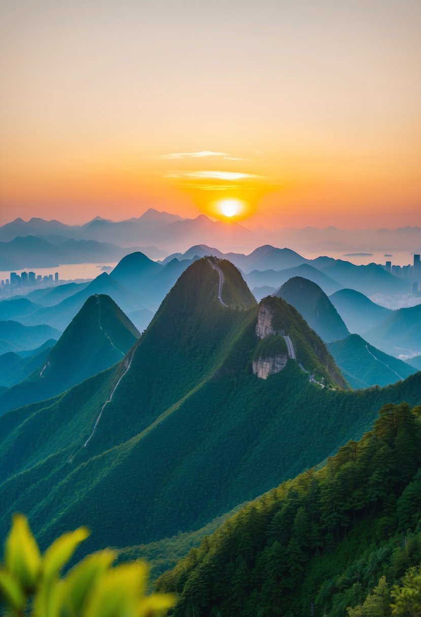 Lush green peaks of Mount Huangshan under a golden sunset, with a serene and romantic atmosphere perfect for a honeymoon getaway in China