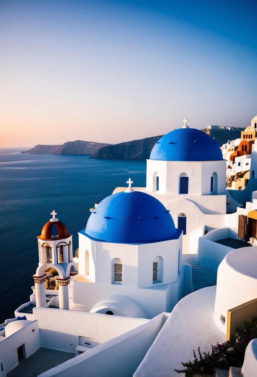 A stunning view of the iconic blue-domed churches and white-washed buildings of Santorini, set against the backdrop of the deep blue Aegean Sea