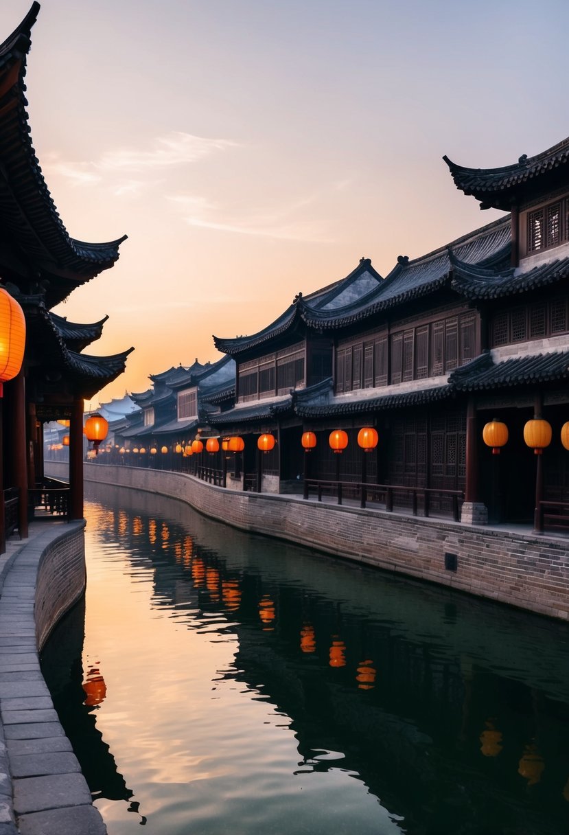 A serene river winds through Fenghuang Ancient Town, flanked by traditional wooden buildings with sloping roofs and intricate carvings. Lanterns sway in the gentle breeze, casting a warm glow over the cobblestone streets