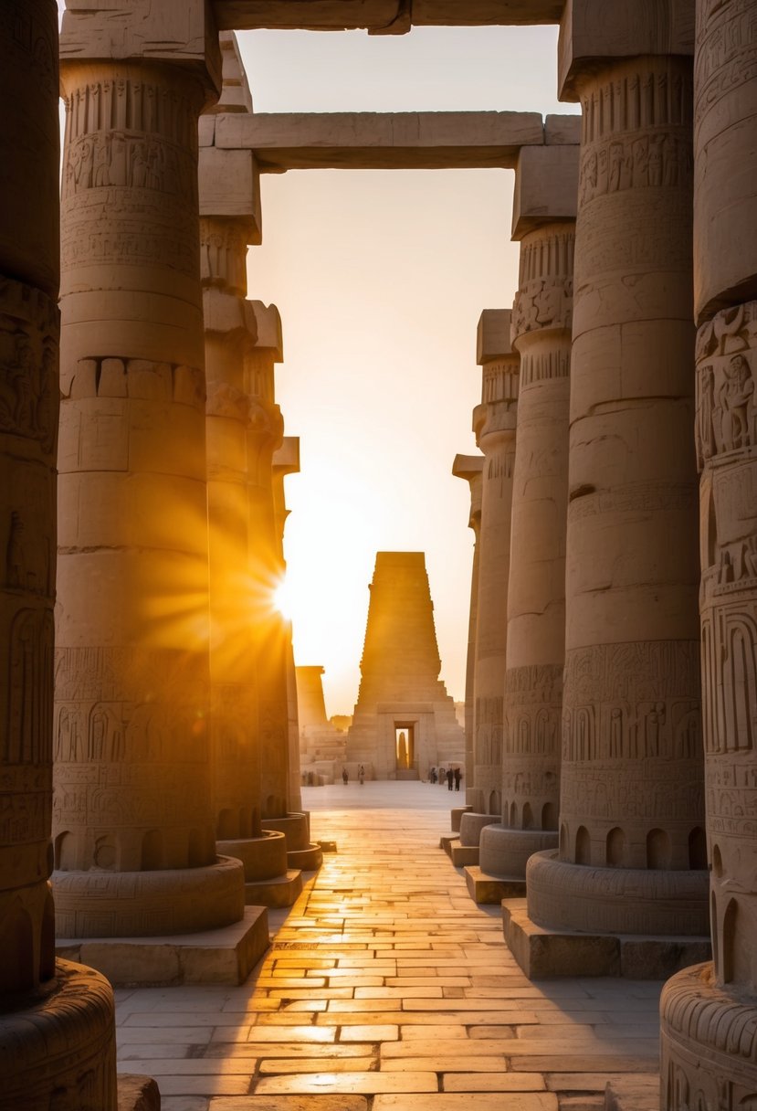 The sun setting behind the ancient temples of Luxor, casting a warm glow over the towering columns and intricate carvings