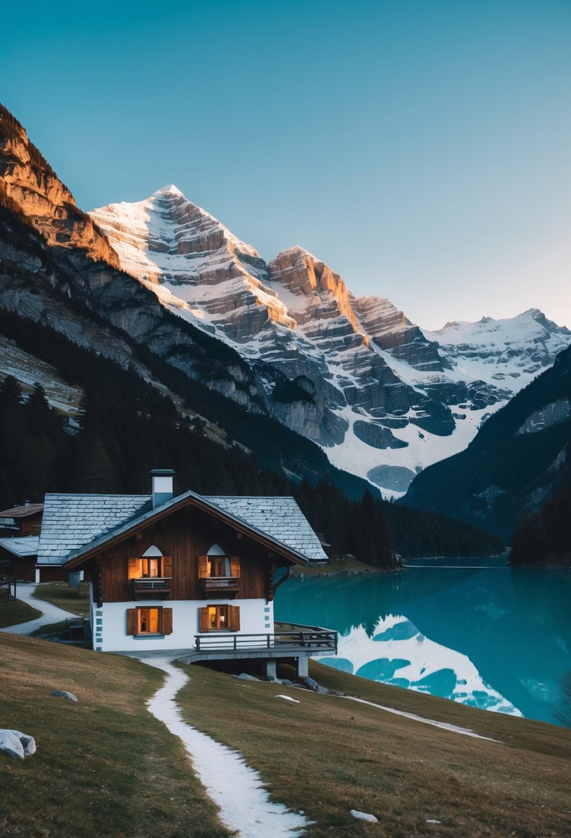 A cozy mountain cabin nestled in the Swiss Alps, surrounded by snow-capped peaks and a serene lake, offering a romantic and budget-friendly honeymoon destination in Europe