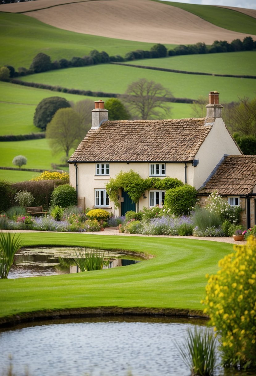 A cozy cottage nestled in the rolling hills of the English countryside, surrounded by blooming gardens and a tranquil pond